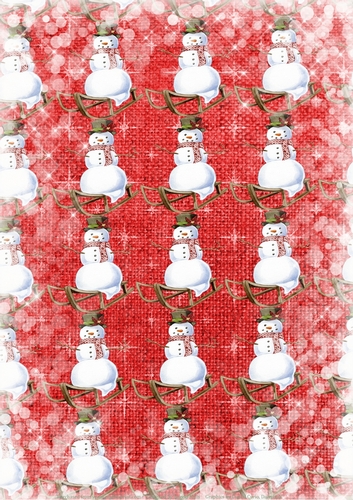 A4 Paper Christmas Snowmen on Snowy Burlap Background, Red/White