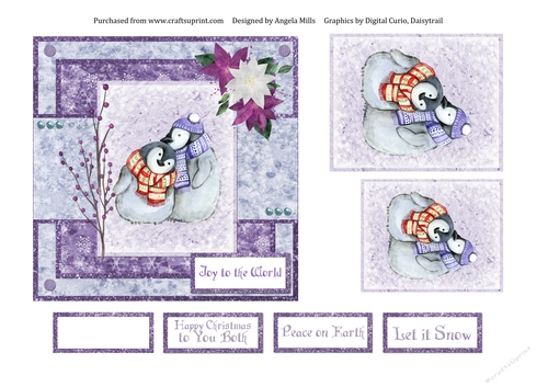 6 x 6 Christmas Card Front Cute Penguin Couple with Toppers and Sentiment Toppers, Blue/Violet
