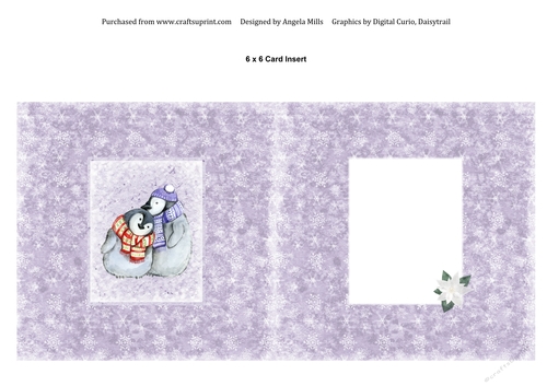 6 x 6 Christmas Card Insert, Cute Penguin Couple on Violet/White Snowflake Background, Blank