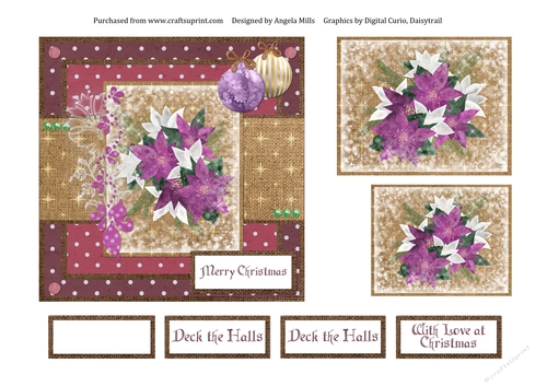 6 x 6 Christmas Card Front Purple/White Poinsettias/Baubles with Toppers and Sentiments