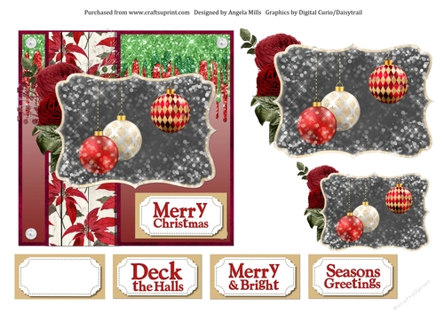 6 x 6 Christmas Card Front Red/Gold Snowy Christmas Baubles/Poinsettias