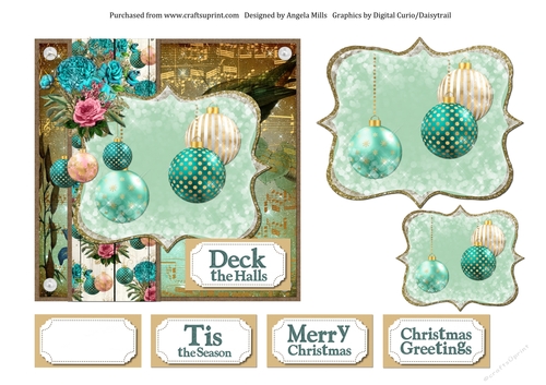 6 x 6 Christmas Card Front, Aqua/White Baubles with Toppers and Sentiment Toppers