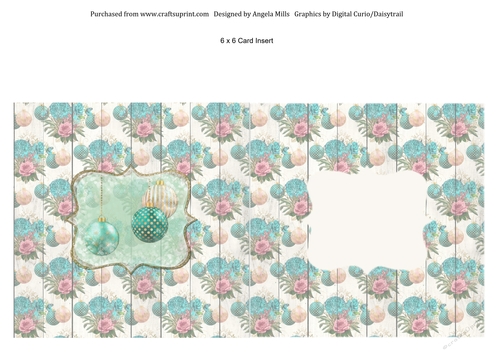 6 x 6 Christmas Card Insert, Aqua/White Baubles on Aqua/Pink/White Floral Background, Blank