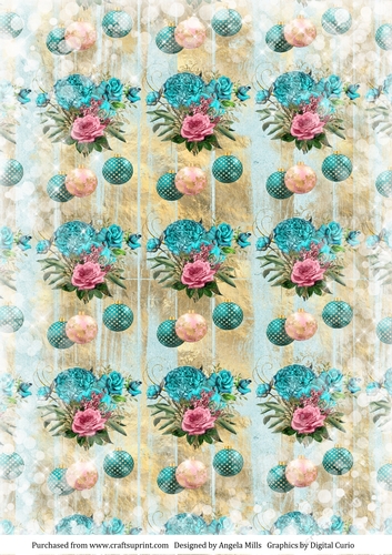 A4 Paper Snowy Christmas Floral Baubles, Aqua/Pink on Aqua/Gold Wood Background