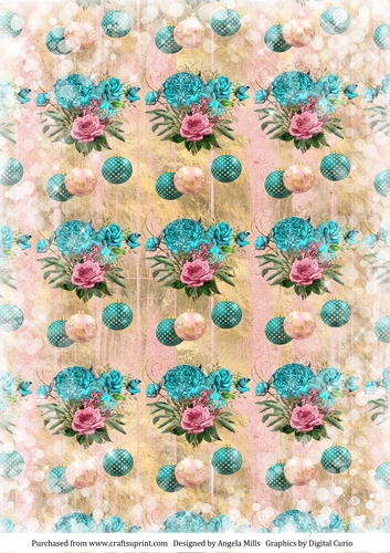 A4 Paper Snowy Christmas Floral Baubles, Aqua/Pink on Pink/Gold Wood Background