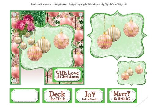 6 x 6 Christmas Card Front, Pink/Gold Baubles with Toppers and Sentiment Toppers