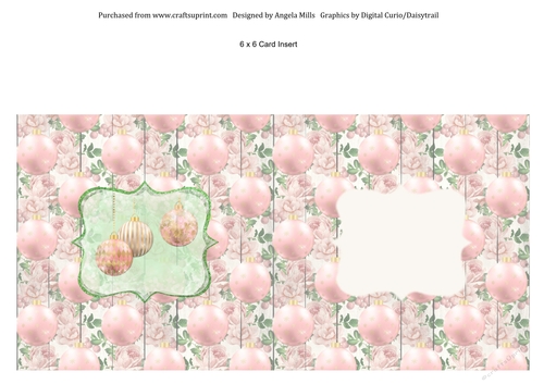 6 x 6 Christmas card insert, Pink/Gold Baubles on Pink/Gold Background, Blank