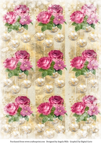A4 Paper Snowy Christmas Floral Baubles, Pink/White on Gold Wood Background
