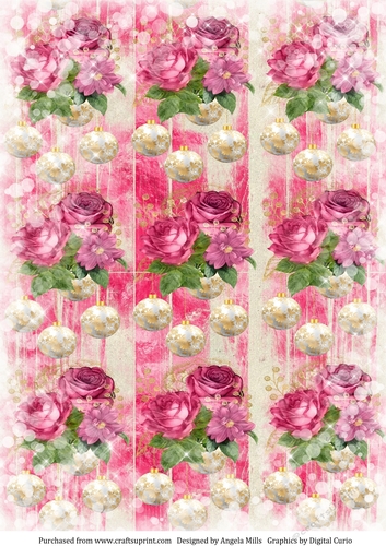 A4 Paper Snowy Christmas Floral Baubles, Pink/White on Pink Wood Background