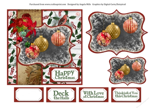 6 x 6 Christmas Card Front Red/Gold Christmas Baubles with Toppers and Sentiments