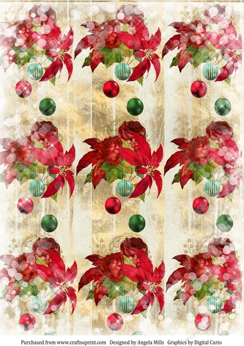 A4 Paper Christmas Red Poinsettias/Baubles on Gold Wood Background