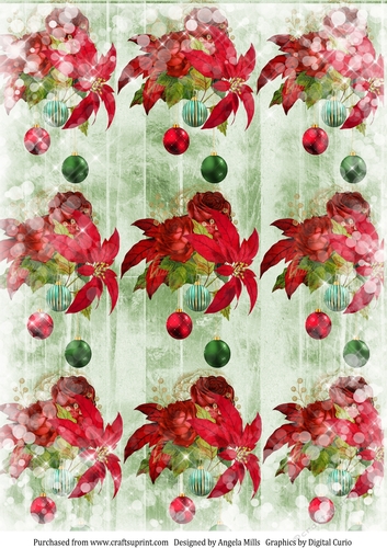 A4 Paper Christmas Red Poinsettias/Baubles on Green Wood Background