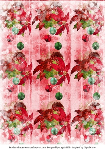 A4 Paper Christmas Red Poinsettias/Baubles on Pink Wood Background