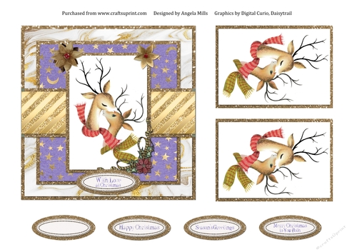 6 x 6 Christmas Card Front Lilac/Gold Cute Reindeer with Toppers and Sentiments