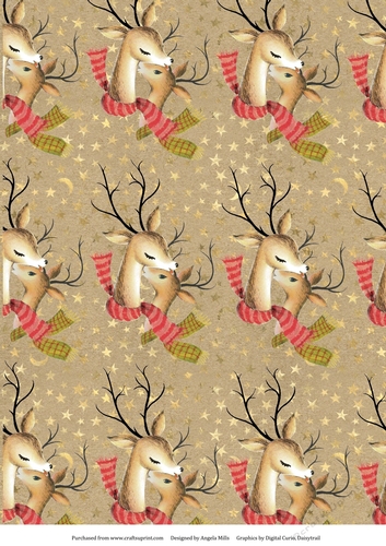 A4 Christmas Paper Cute Reindeer on Starry Kraft/Gold Background