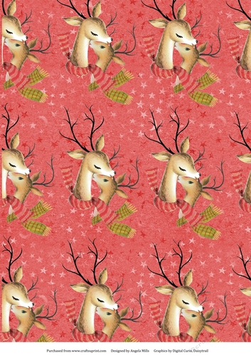 A4 Christmas Paper Cute Reindeer on Starry Red Background