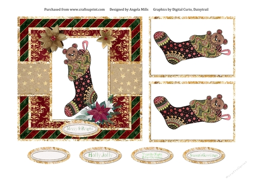 6 x 6 Card Front Christmas Stocking with Toppers and Sentiments, Red/Green/Gold
