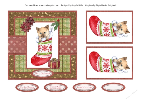 6 x 6 Card Front Cute Kitten in Christmas Stocking with Toppers and Sentiments, Red/Green