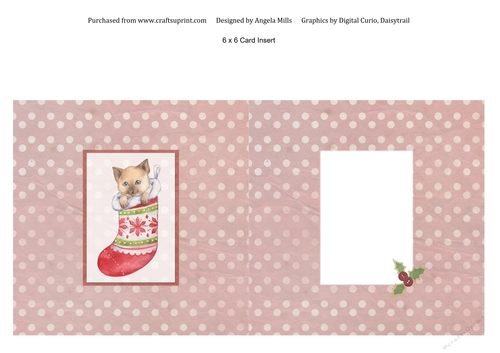 6 x 6 Card Insert Red/Green Cute Kitten in Christmas Stocking on a Polka Dot Background, Blank