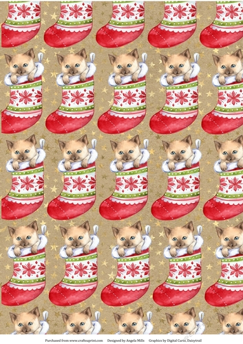 A4 Paper Cute Kittens in Christmas Stockings on Starry Kraft Background