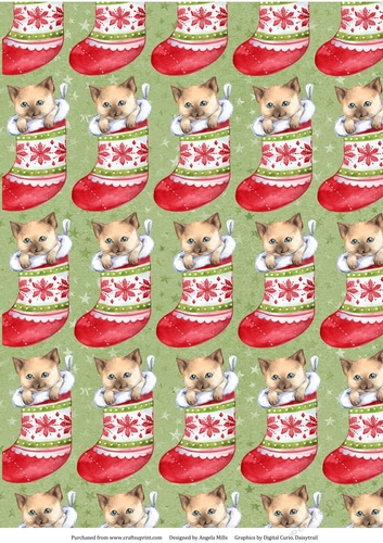 A4 Paper Cute Kittens in Christmas Stockings on Starry Green Background