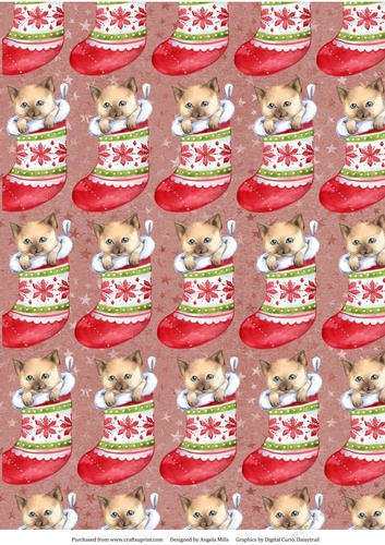 A4 Paper Cute Kittens in Christmas Stockings on Starry Dusky Rose Background
