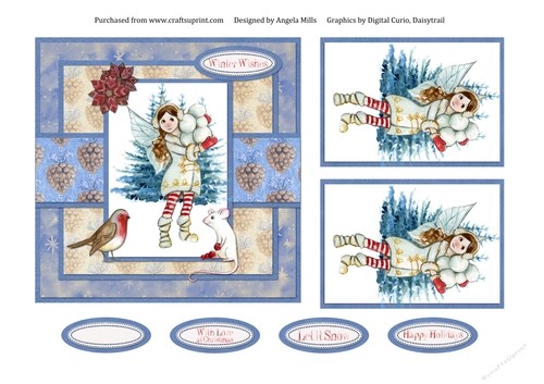 6 x 6 Christmas Card Front Winter Fairy with Toppers and Sentiments, Blue/Red/Cream