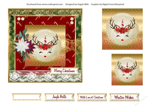 6 x 6 Card Cute Christmas Reindeer with Toppers and Sentiments, Red/Green/Gold