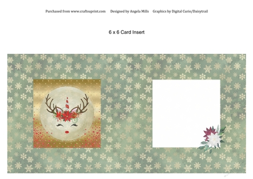 6 x 6 Card Insert, Cute Christmas Reindeer on Green/Gold Snowflake Background, Blank