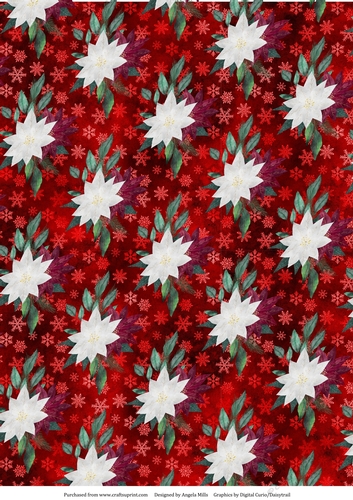 A4 Christmas Paper Burgundy.White Poinsettias on Red Snowflake Background