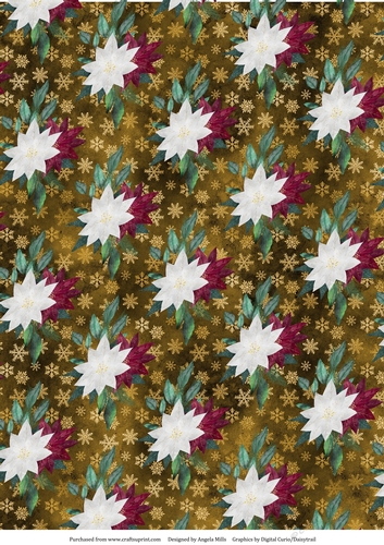 A4 Christmas Paper Burgundy.White Poinsettias on Gold Snowflake Background