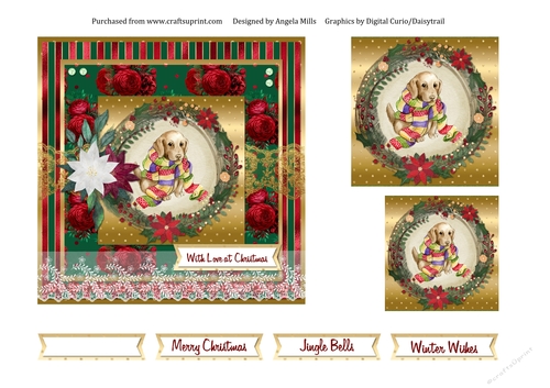 6 x 6 Christmas Card Front Cute Cosy Puppy with Toppers and Sentiments, Gold/Red/Green