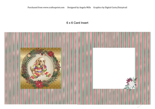6 x 6 Christmas Card Insert, Cute Cosy Puppy on Green/Red/Gold Striped Background, Blank