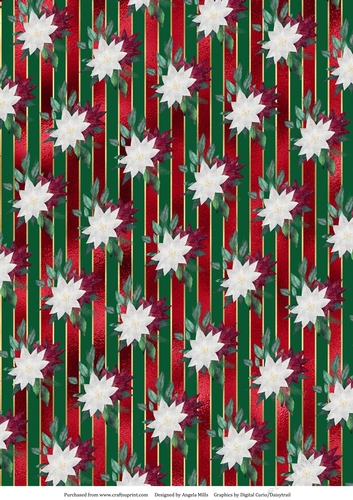 A4 Christmas Paper Burgundy/White Poinsettias on Red/Green/Gold Striped Background