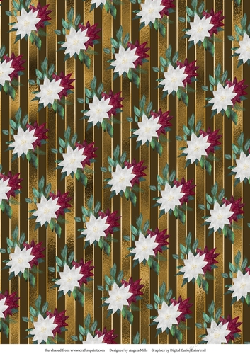A4 Christmas Paper Burgundy/White Poinsettias on Gold Striped Background