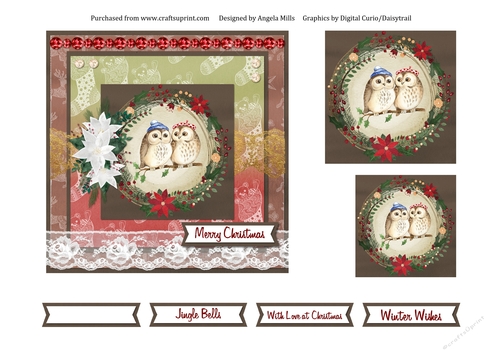 6 x 6 Christmas Card Front Cute Owl Couple with Toppers and Sentiments, Red/Green/Brown