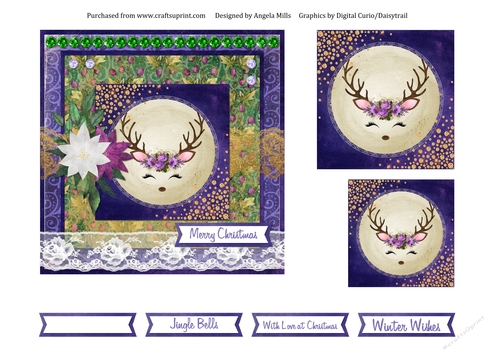 6 x 6 Christmas Card Front Cute Reindeer with Toppers and Sentiments, Violet/Green