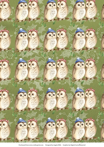 A4 Christmas Paper Cute Owls on Green Holly Background
