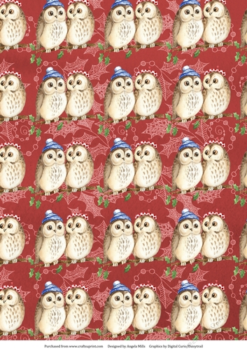 A4 Christmas Paper Cute Owls on Red Holly Background