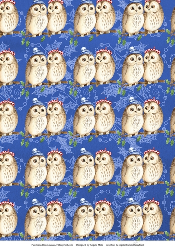 A4 Christmas Paper Cute Owls on Blue Holly Background