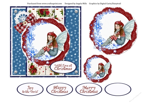 6 x 6 Christmas Card Front Cute Winter Fairy with Toppers and Sentiments, Red/Blue/White