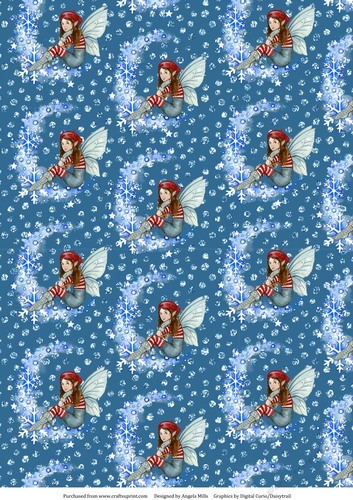 A4 Christmas Paper Cute Winter Fairy/Blue Snowflake Moon on a Blue Glitter Dot Background