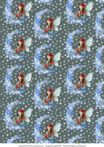 A4 Christmas Paper Cute Winter Fairy/Blue Snowflake Moon on a Grey Glitter Dot Background