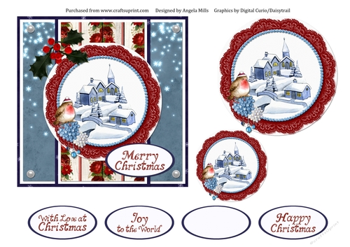 6 x 6 Christmas Card Front Snowy Village with Toppers and Sentiments, Red/Blue