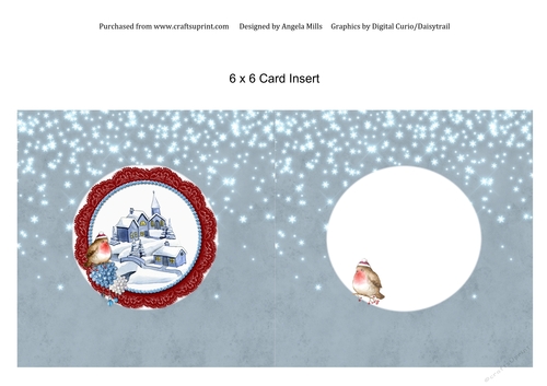 6 x 6 Christmas Card Insert, Snowy Village on Blue/Grey Falling Snow Background, Blank