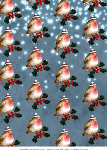 A4 Christmas Paper Cute Robins/Holly on Slate Blue Snowy Background
