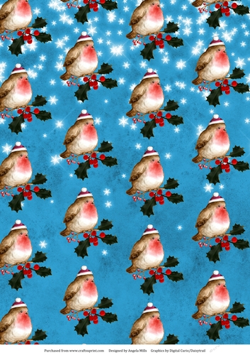 A4 Christmas Paper Cute Robins/Holly on Sky Blue Snowy Background
