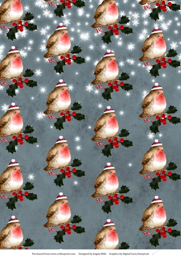 A4 Christmas Paper Cute Robins/Holly on Grey Snowy Background