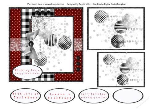 6 x 6 Christmas Card Front Silver/White/Black Baubles with Toppers and Sentiments, Red/Black/White