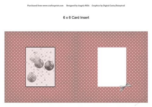 6 x 6 Christmas Card Insert, Silver/White/Black Baubles on Red Polka Dot Background, Blank